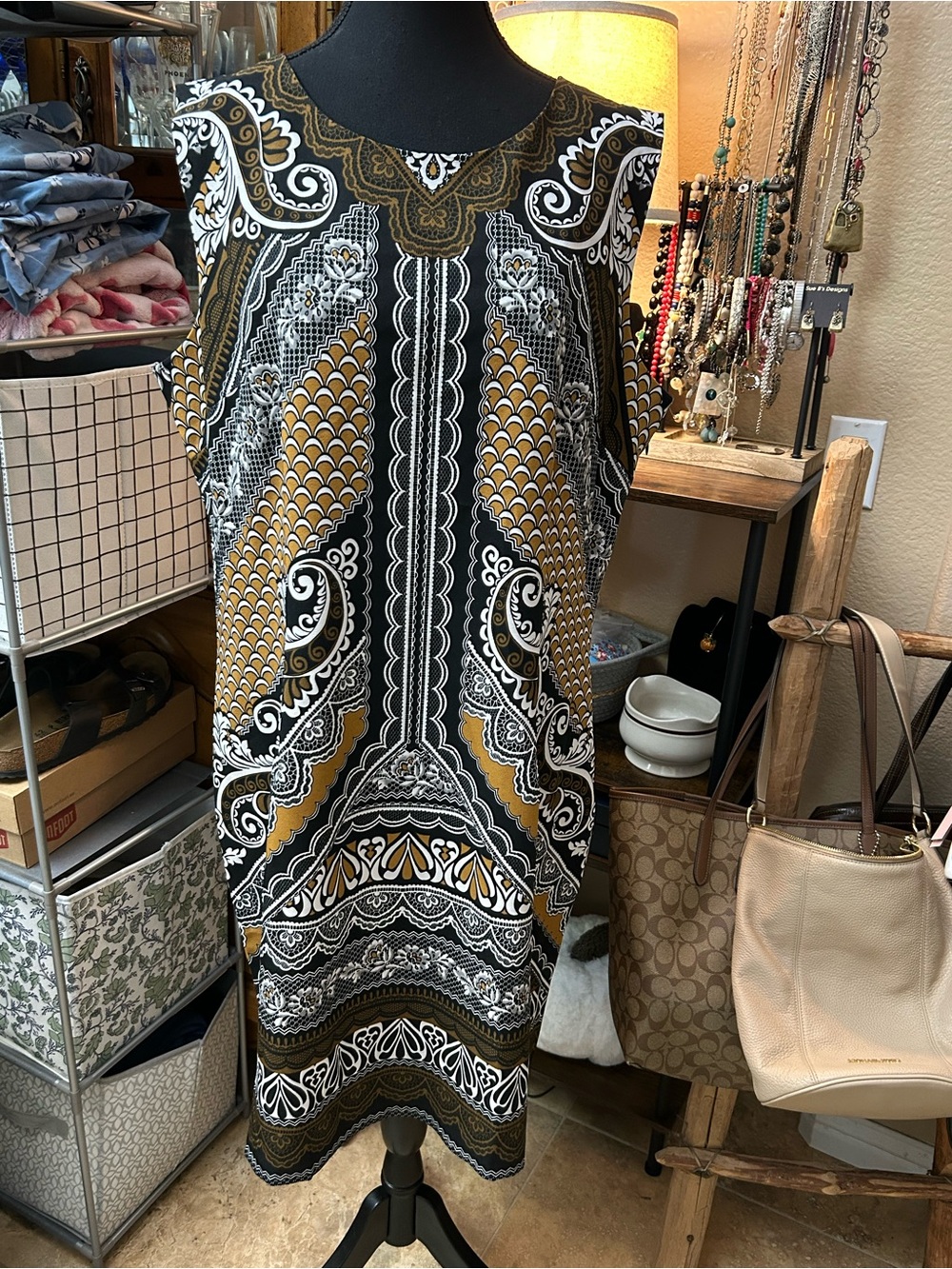 Sleeveless Printed Shift Dress in Black and Mustard Paisley